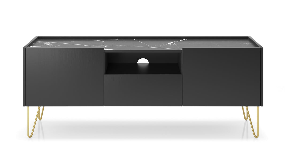 HARMONY TV STAND 01 black / black marbleTV Stand HARMONY 01 (144/55/37) ColourBlack / Black marble + Golden MaterialLaminated board 16mm VeneerEdging ABS Metal Legs PUSH-TO-OPENUncategorizedAnna Furniture
