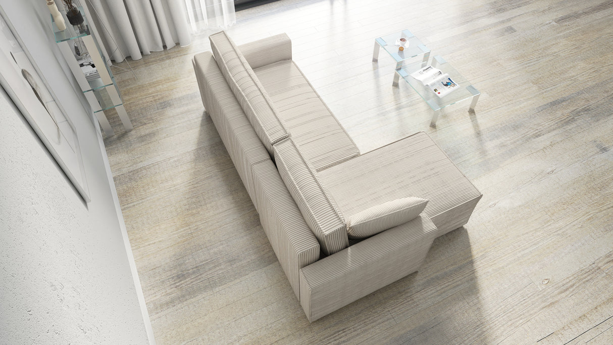 CORNER SOFA BED ROBI 240CM / SPRINGS + FOAM / CHOICE OF COLORThe corner sofa is made of corduroy fabricDimensions:sleeping area 131/206width 240 cmdepth 150 cmheight to the seat 41 cm* dimensions given with a tolerance of +/- 3 cmSpecification:- universal