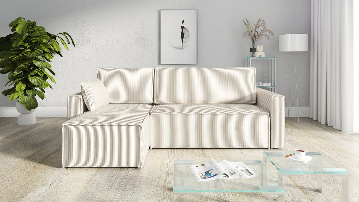 CORNER SOFA BED ROBI 240CM / SPRINGS + FOAM / CHOICE OF COLORThe corner sofa is made of corduroy fabricDimensions:sleeping area 131/206width 240 cmdepth 150 cmheight to the seat 41 cm* dimensions given with a tolerance of +/- 3 cmSpecification:- universal