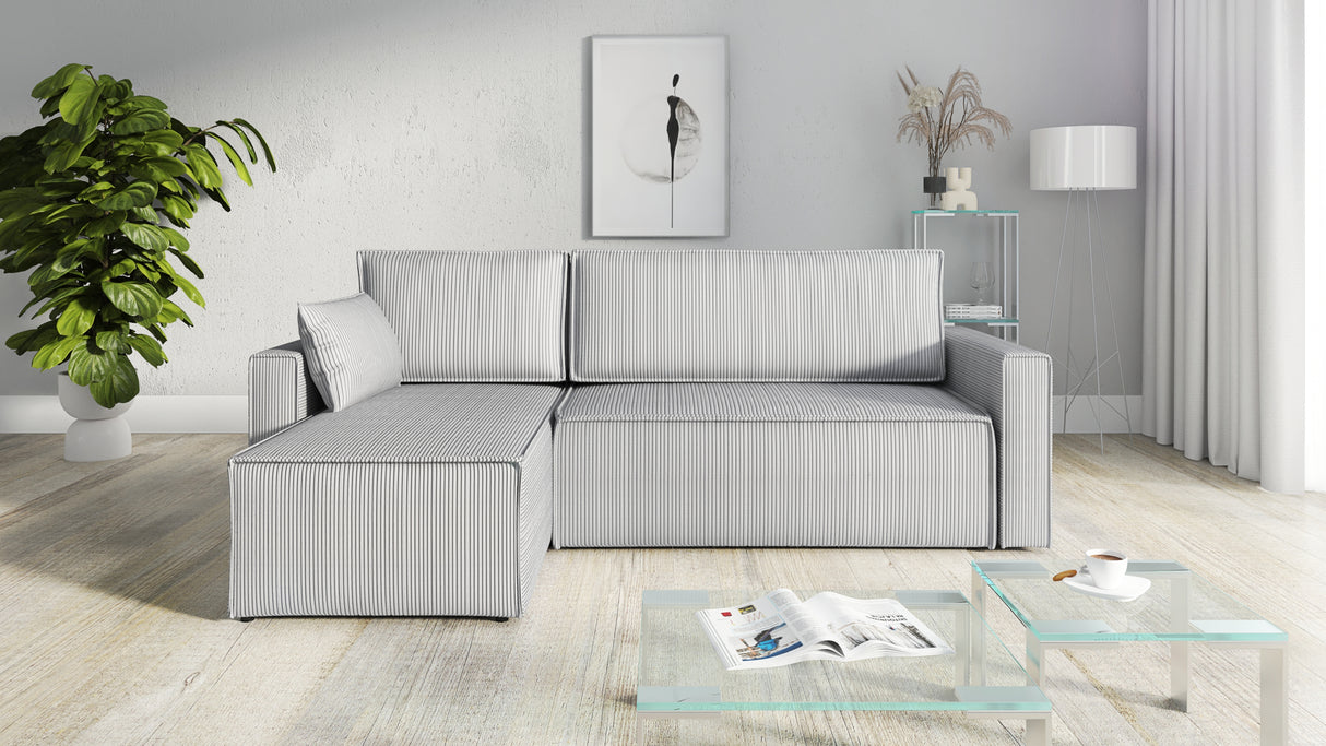 CORNER SOFA BED ROBI 240CM / SPRINGS + FOAM / CHOICE OF COLORThe corner sofa is made of corduroy fabricDimensions:sleeping area 131/206width 240 cmdepth 150 cmheight to the seat 41 cm* dimensions given with a tolerance of +/- 3 cmSpecification:- universal