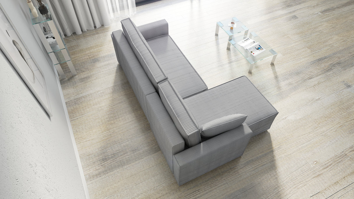 CORNER SOFA BED ROBI 240CM / SPRINGS + FOAM / CHOICE OF COLORThe corner sofa is made of corduroy fabricDimensions:sleeping area 131/206width 240 cmdepth 150 cmheight to the seat 41 cm* dimensions given with a tolerance of +/- 3 cmSpecification:- universal