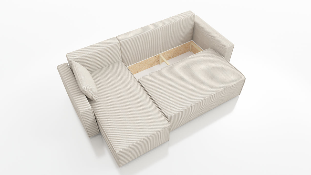 CORNER SOFA BED ROBI 240CM / SPRINGS + FOAM / CHOICE OF COLORThe corner sofa is made of corduroy fabricDimensions:sleeping area 131/206width 240 cmdepth 150 cmheight to the seat 41 cm* dimensions given with a tolerance of +/- 3 cmSpecification:- universal