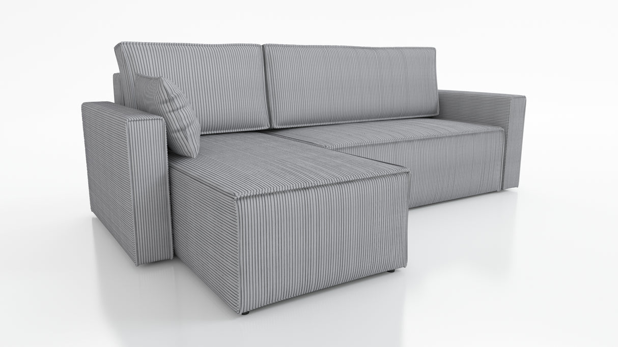 CORNER SOFA BED ROBI 240CM / SPRINGS + FOAM / CHOICE OF COLORThe corner sofa is made of corduroy fabricDimensions:sleeping area 131/206width 240 cmdepth 150 cmheight to the seat 41 cm* dimensions given with a tolerance of +/- 3 cmSpecification:- universal