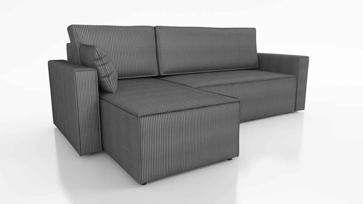CORNER SOFA BED ROBI 240CM / SPRINGS + FOAM / CHOICE OF COLORThe corner sofa is made of corduroy fabricDimensions:sleeping area 131/206width 240 cmdepth 150 cmheight to the seat 41 cm* dimensions given with a tolerance of +/- 3 cmSpecification:- universal