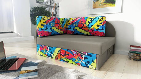 UNIVERSAL CORNER SOFA BED KUBUS CUBE GREY / GRAPHITI Children roomTHIS MODEL IS UNIVERSAL WHICH MEANS YOU CAN CHOOSE CORNER SIDE DURING ASSEMBLYCHILDREN CORNER SOFA BEDSOFKA NAROZNIK TAPCZANIK DZIECIECY - depth 77 cm- width 106 cm- height with bacon 50 cm