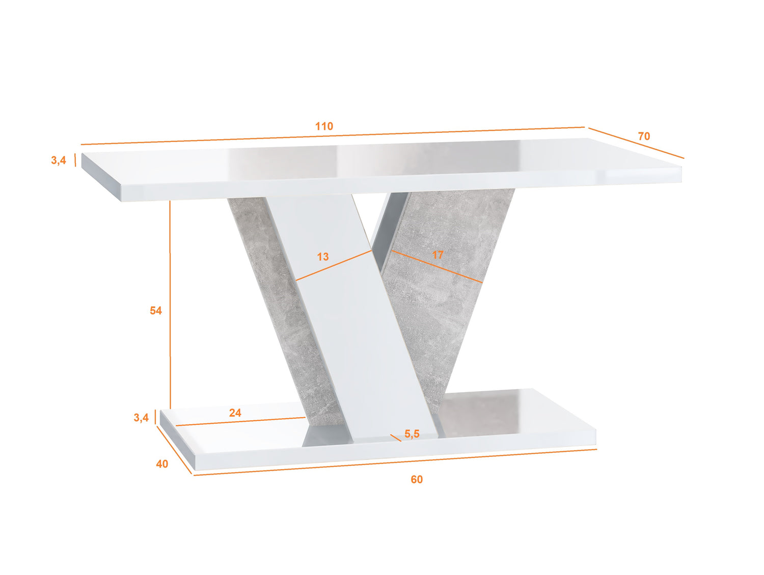 COFFEE TABLE VINEY WHITE GLOSS / STONE GREYCoffee Table Viney White Gloss / Stone Grey The COFFEE TABLE VINEY brings a distinct and contemporary look to any space. Its unconventional design adds a fresh and airy feel to your home decor. Perfect for the di
