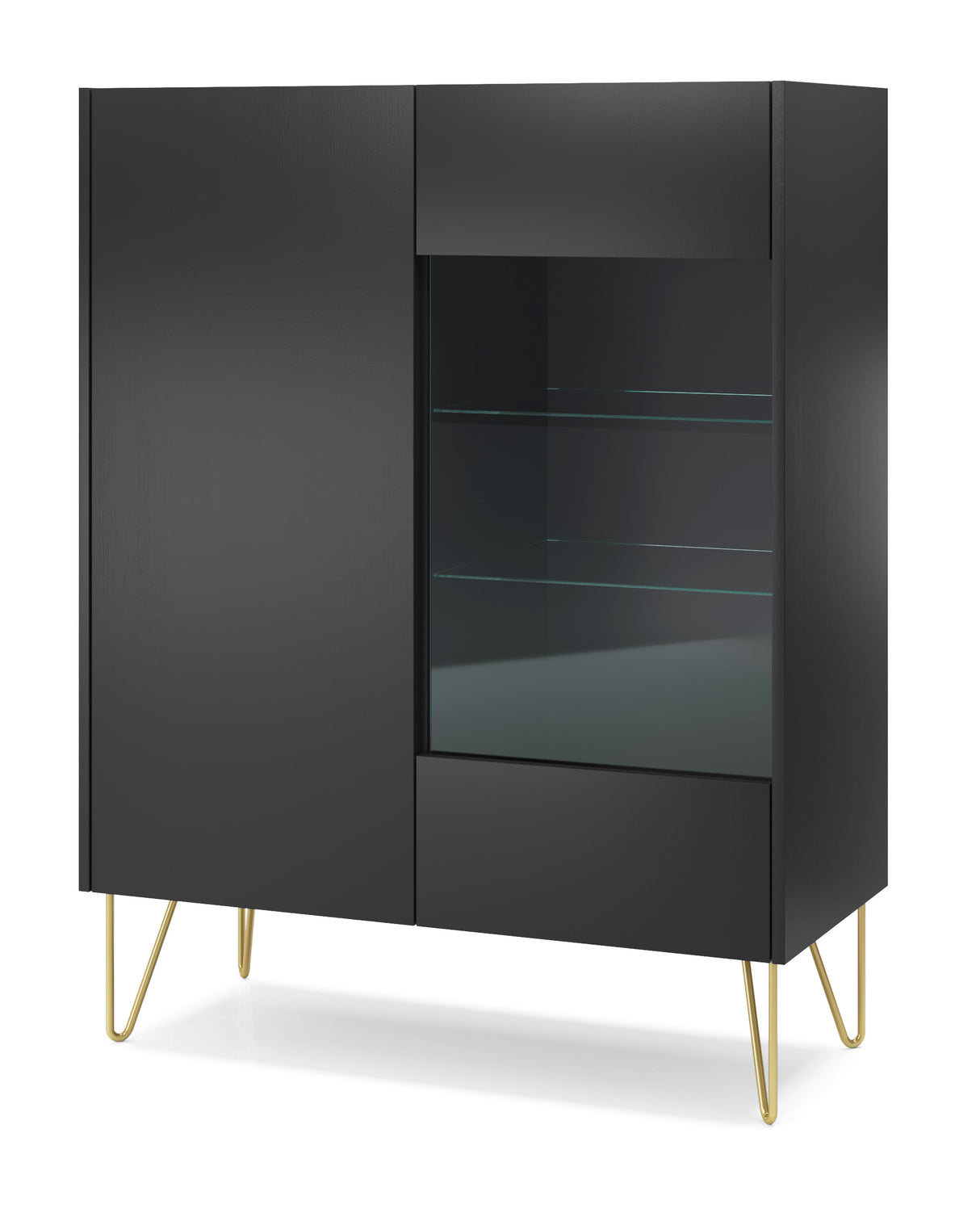 Display cabinet HARMONY 04 black / black marbleStorage cabinet HARMONY 02 black / black marble 97/122/37CM ColourBlack / Black marble + Golden MaterialLaminated board 16mm VeneerEdging ABS Metal Legs PUSH-TO-OPENAnna Furniture