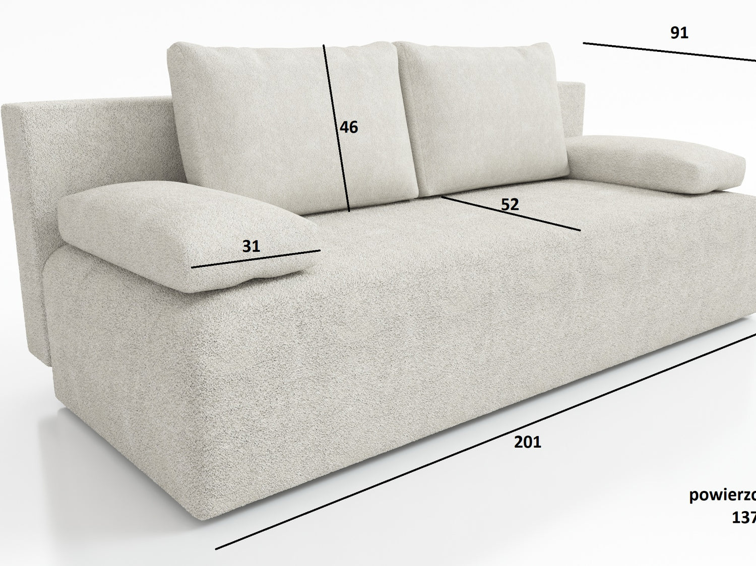 NEW!! SOFA BED ZOYA 201cm POSO 105Dimensions: sleeping area 137x201 cm width 201 cm depth 91 cm height to the seat 40 cm * dimensions given with a tolerance of +/- 3 cm Execution: • frame: pine wood + board chipboard, • unfolding system: AUTOMAT DL • seat