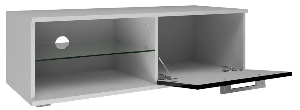 TV STAND SANDY 100CM WHITE/BLACK GLOSSMATERIAL:Fronts - 17 mm thick MDF board, varnished to a high gloss.Body - 16mm thick laminated chipboard.DIMENSIONS:Depth: 40 cmWidth: 100 cmHeight: 36 cmThe highest quality varnish used for the finish is resistant to