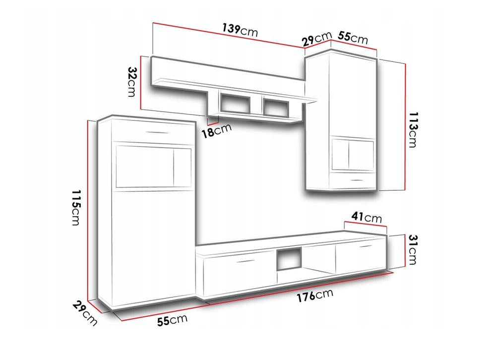 TV WALL UNIT MAXI White Concrete greyOverall dimensions of the wall unit: 2300 x 2000 x 402mm (W x H x D)Number of packages: 2Front:- 15mm white laminated board- melamine rim- glass with a black print- handle: 128mm plasticBody:- 15mm white laminated boar