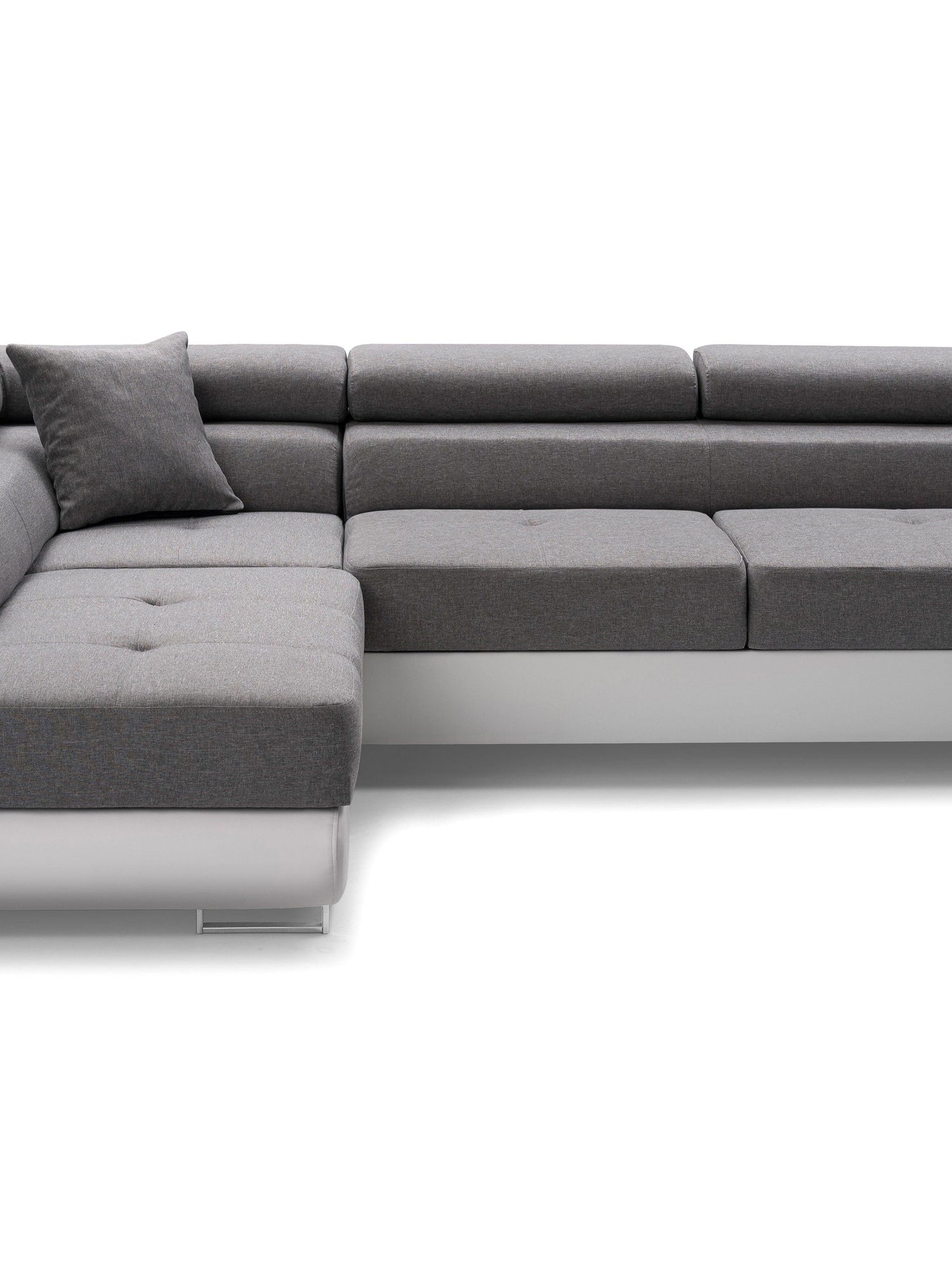 CORNER SOFA BED ASH 273CM GREY/WHITE / SPRINGS + FOAMWavy springs + foam CHOICE OF COLOR Large sleeping areaSEAT AND CUSHIONS MADE IN LUX FABRIC CLICK HERE BOTTOM AND SIDES MADE OF FAUX LEATHER SOFT CLICK HERE Dimensions W: 273cm D:203cm H: 90cm Sleeping