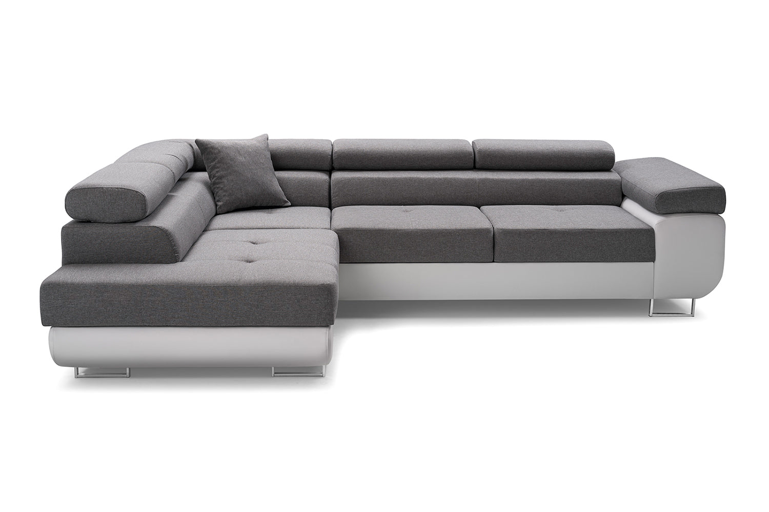 CORNER SOFA BED ASH 273CM BROWN/WHITE FAUX LEATHER / SPRINGS + FOAMWavy springs + foam CHOICE OF COLOR Large sleeping areaSEAT AND CUSHIONS MADE IN LUX FABRIC CLICK HERE BOTTOM AND SIDES MADE OF FAUX LEATHER SOFT CLICK HERE Dimensions W: 273cm D:203cm H: