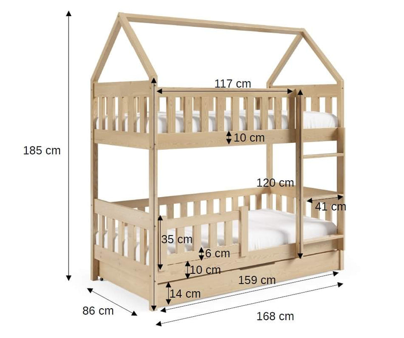 HOUSE SHAPE SOLID PINE BUNK BED BELLA WHITE 168x86cm WITH DRAW AND MATTRESS