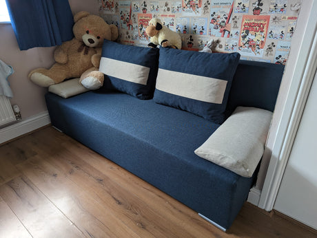 SOFA BED VERA 197CM BLUE/BEIGE / FOAMMADE IN INARI FABRIC CLICK HEREThe couch is made of high-quality materials. Its solid frame is made of solid wood and furniture board.The seat and backrest are made of first-class foam, which makes it relatively resist