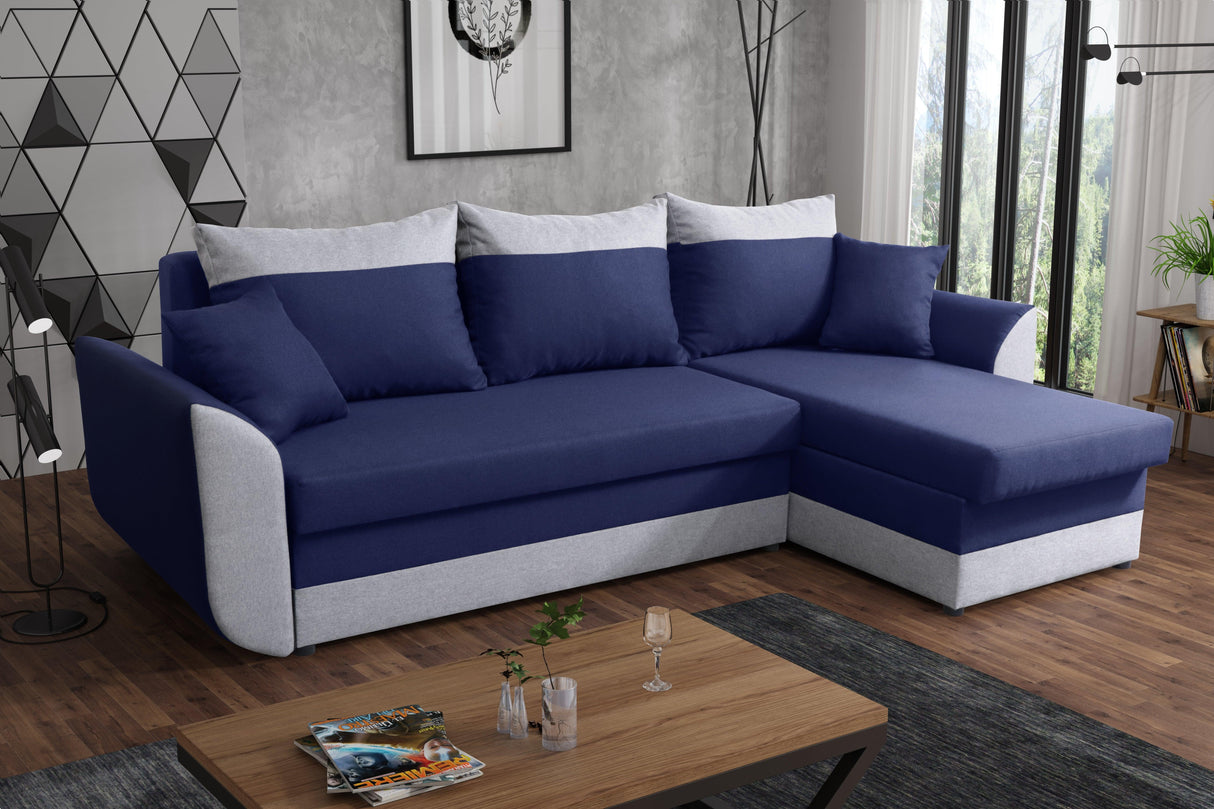 CORNER SOFA BED TRINITY 234CM 2x STORAGE SPACE / FOAM2X Storage space CHOICE OF COLOR FOAM T30MADE IN MALMO FABRIC CLICK HERE Dimensions W: 234cm D:146cm H: 86CM Sleeping area: 131x200cm THIS MODEL IS UNIVERSAL WHICH MEANS YOU CAN CHOOSE CORNER SIDE DURIN