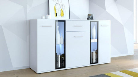 SIDEBOARD SALSA WHITE 140CMDimensions: 1404 x 800 x 402mm (W x H x D)Number of packages: 2Front:- 15mm white laminated board- melamine rim- glass with a black print- handle: 128mm plasticBody:- 15mm white laminated board- melamine rimBack wall :- Black HD