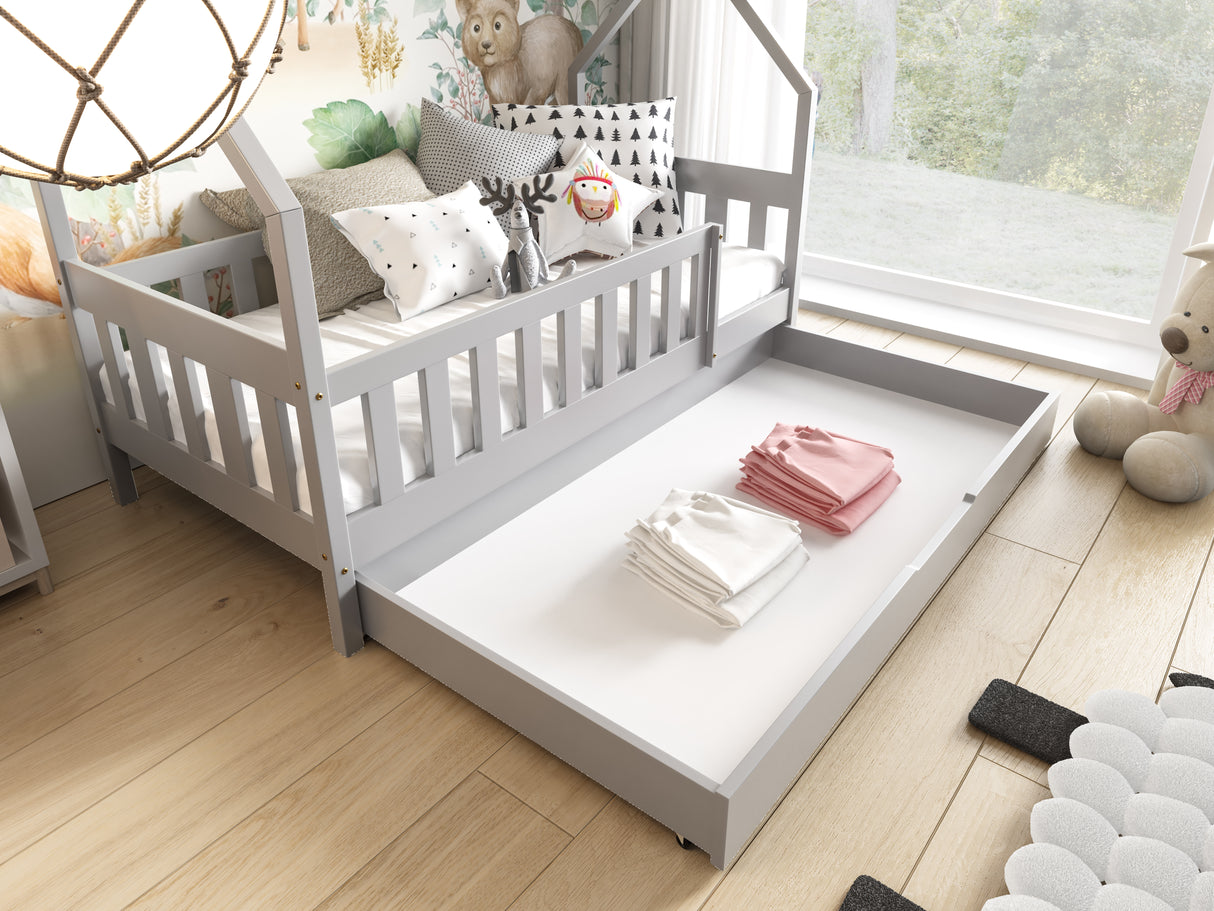 HOUSE SHAPE SOLID PINE BED LAYLA WHITE 168x86cmThe bed is made entirely of FSC-certified pine wood, covered with three layers of varnish safe for children. The timeless design will make the bed also a place to play! The removable safety barrier will prote