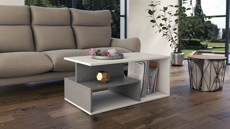COFFEE TABLE PRIMA WHITE / GREY 90X51CMDIMENSIONS: Width: 90 cm-Depth: 51 cmHeight: 43 cm Usage: The surface of the furniture should be cleaned with a soft cloth. Avoid using harsh chemicals. In the package: Assembly instructions with all necessary assemb