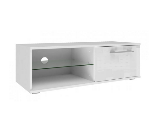 TV STAND SANDY 100CM WHITE/WHITE GLOSSMATERIAL:Fronts - 17 mm thick MDF board, varnished to a high gloss.Body - 16mm thick laminated chipboard.DIMENSIONS:Depth: 40 cmWidth: 100 cmHeight: 36 cmThe highest quality varnish used for the finish is resistant to