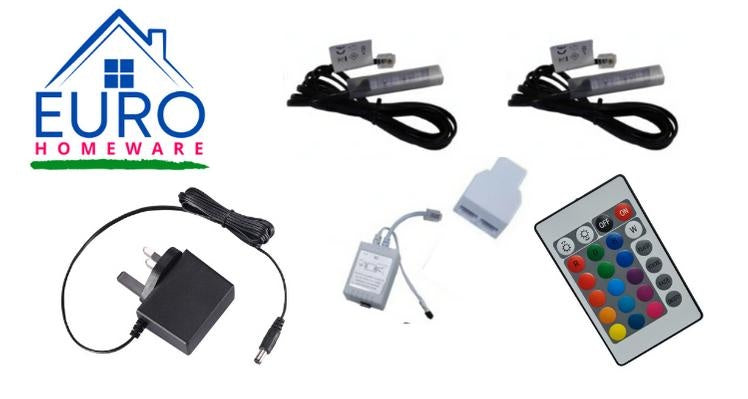 2x RGB LED clips for glass shelves (16 colors remote control LED lights)Technical parameters: number of clips in the set - 2 number of LEDs in each clip - 3 LEDs used - SMD 5050 RGB clip length - 7cm clip housing - transparent cable length from the clip t