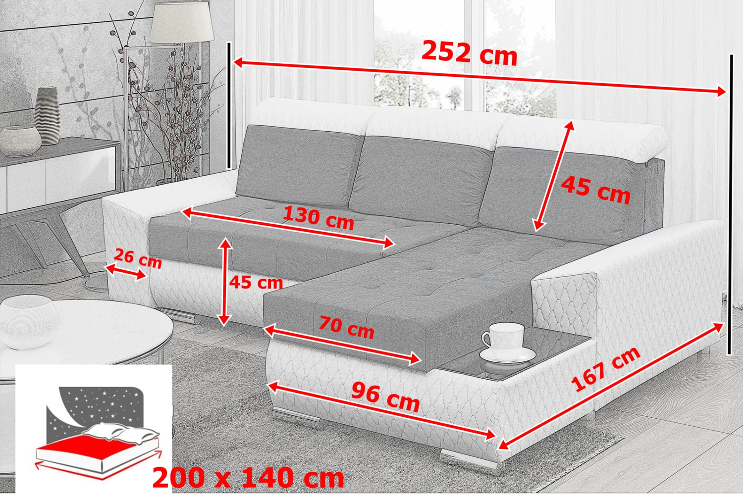 CORNER SOFA BED LONDON 2316/1132 252CM 2X STORAGE SPACE STAIN RESISTANT EASY CLEAN FABRIC / BONELL SPRINGS + FOAM252X167CMSLEEPING AREA 200X140CMFABRIC:CASABLANCA + FAUX LEATHERFEATURES:2X STORAGE CONTAINERSGLASS SHELFSTAIN RESISTANT FABRICBONELL SPRINGS