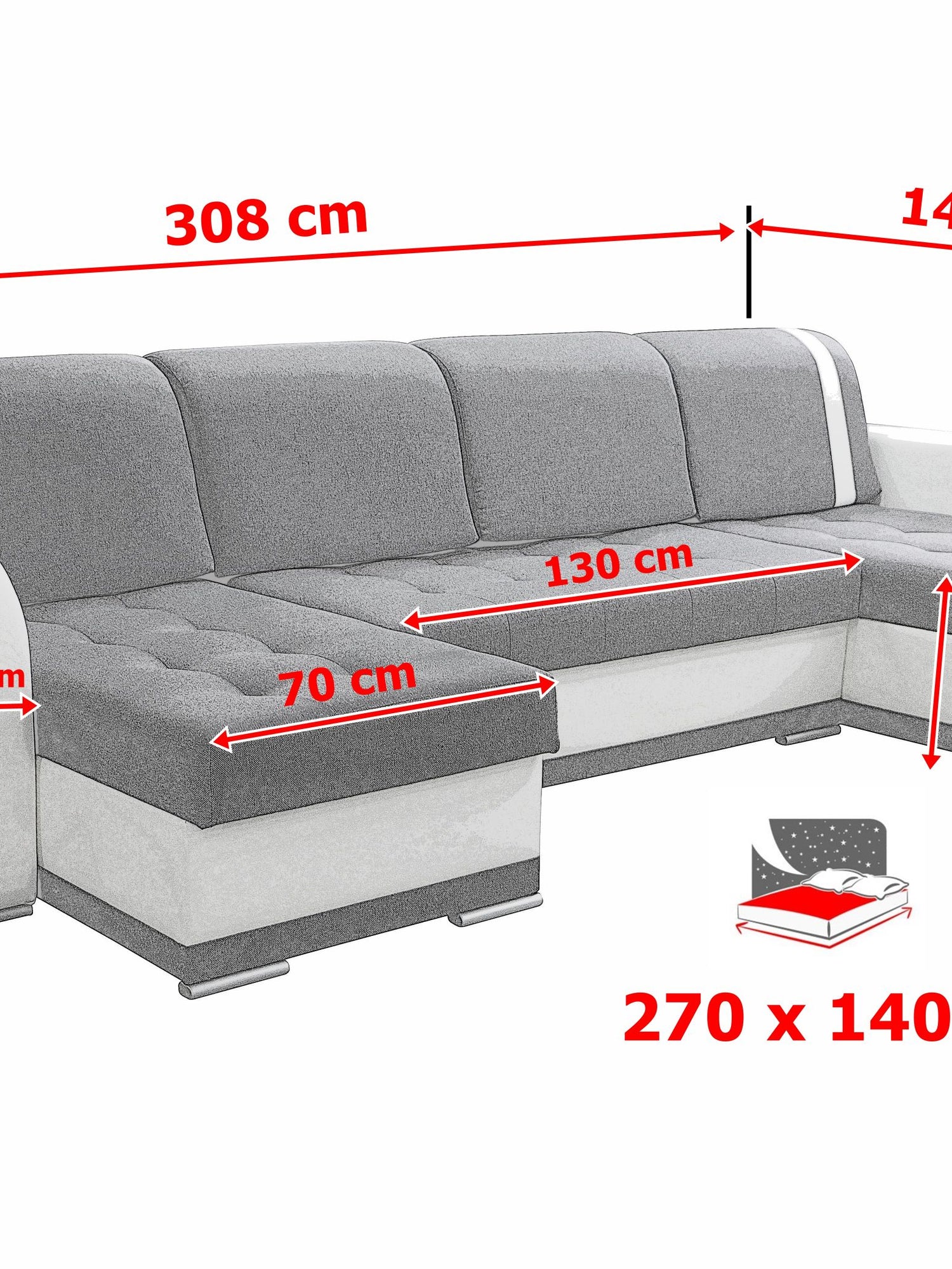 CORNER SOFA BED DINA U SHAPE 308CM 3X STORAGE SPACE CHOICE OF COLOR / BONELL SPRINGS + FOAM3X STORAGE SPACEBONELL SPRINGS + FOAMFABRIC INARI + FAUX LEATHERSIZEWIDTH 308CMDEEPTH 140CMHEIGHT 90CMSLEEPING AREA 270X140CMPACKED WEIGHT/DIMENTIONS 1/4 42kg 43x13