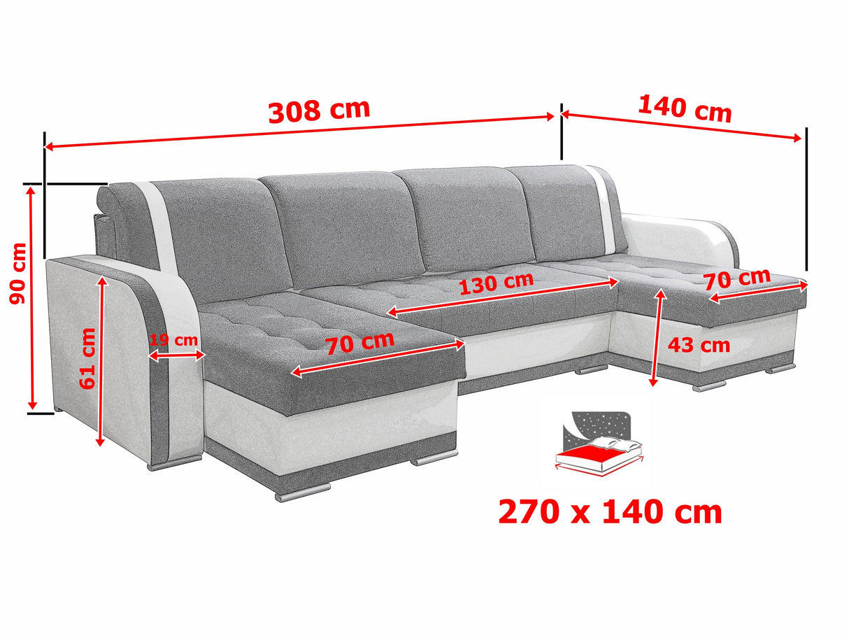 CORNER SOFA BED DINA U SHAPE 308CM 3X STORAGE SPACE CHOICE OF COLOR / BONELL SPRINGS + FOAM3X STORAGE SPACEBONELL SPRINGS + FOAMFABRIC INARI + FAUX LEATHERSIZEWIDTH 308CMDEEPTH 140CMHEIGHT 90CMSLEEPING AREA 270X140CMPACKED WEIGHT/DIMENTIONS 1/4 42kg 43x13