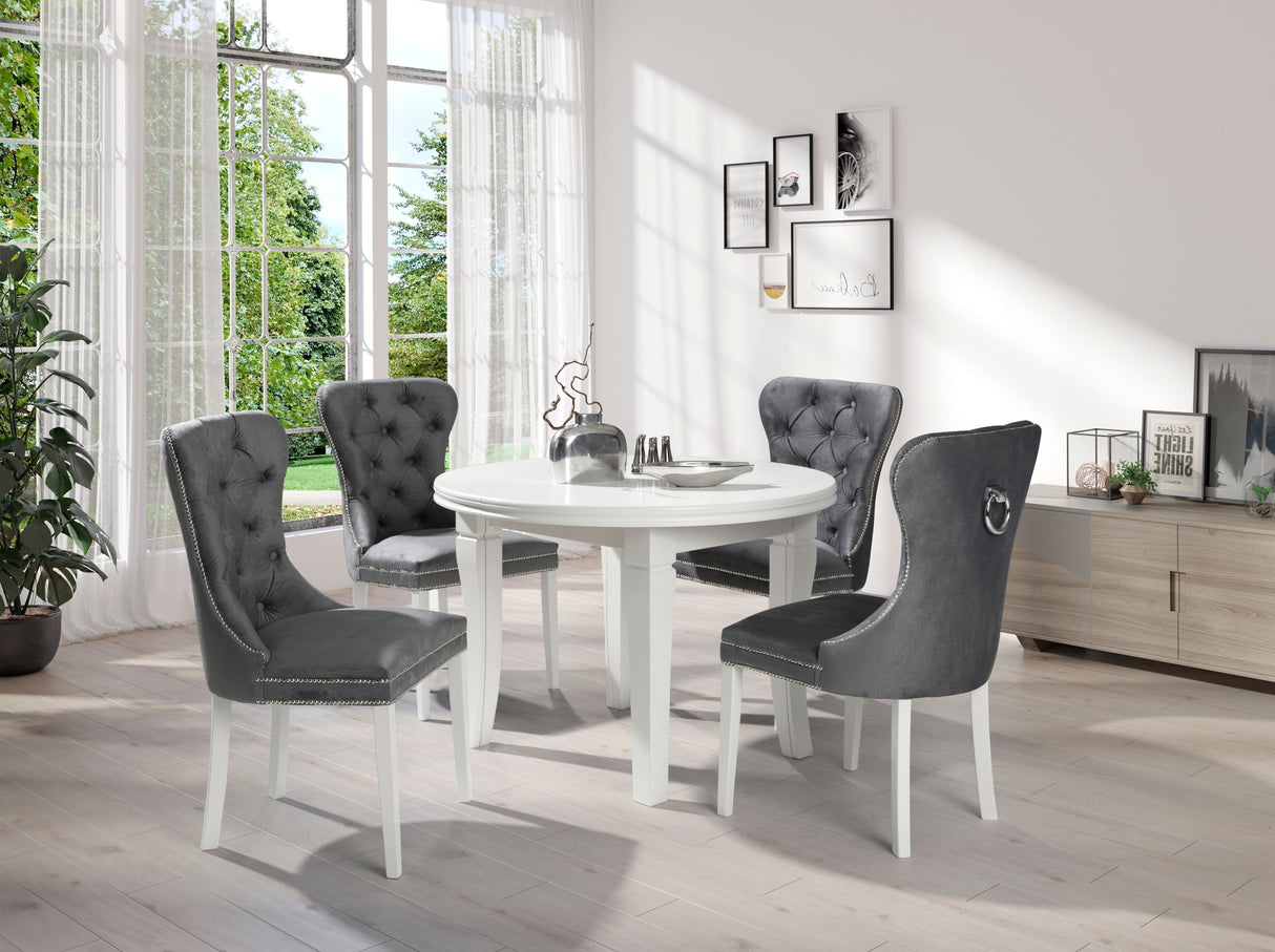 BOSS DINING SET WITH 4 CHAIRS EXTANDABLE TABLETable (natural veneer)Dimensions: ⌀ 110cmheight: 77cmWhen unfolded: 260 x 110 (3 inserts 50 cm each)Chair with a knocker- height: 96cm- width: 55cm- depth: 44cm- seat height: 48 cmAnna Furniture