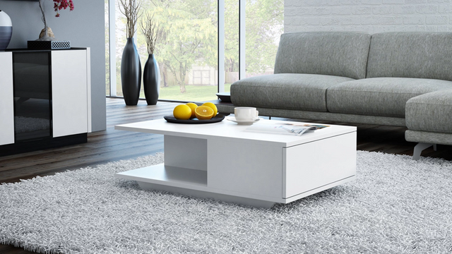 COFFEE TABLE DENVER WHITE MATT TOP AND DRAW FRONT 60x90cmDIMENSIONS:Width: 60 cmHeight: 42 cmDepth: 90 cm Table top: 60 x 90 cm Tabletop thickness: 16 mmMATERIAL: 16mm laminated chipboard.With TIP-ON, the glove box door without a handle can be opened easi