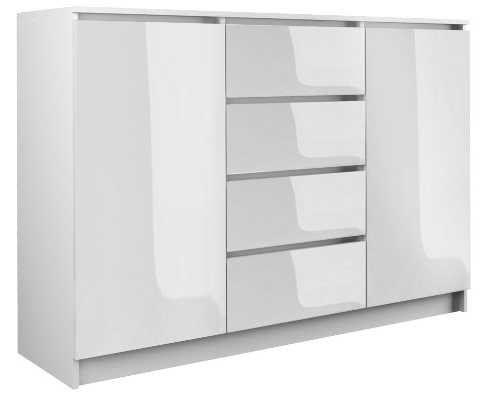 CHEST 2D4S 120cm - WHITE GLOSSThe interior of the chest of drawers consists of shelves and four drawers that will help you arrange things. It will be easier to find what you are looking for. Minimalist design The handle-free fronts of drawers and doors en