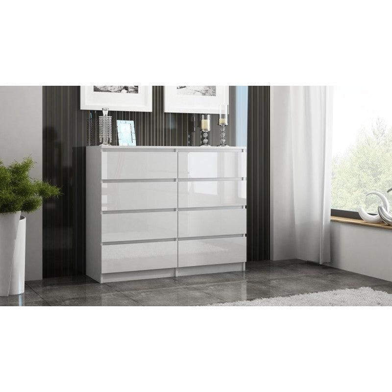 CHEST OF 8 DRAWS WHITE/WHITE GLOSS 120CMDimensions:Depth: 40 cmWidth: 120 cmHeight: 97 cmUniversal appearance will meet the expectations of all those who value a combination of simplicity and elegance. Minimalist design The handle-free drawer fronts ensur
