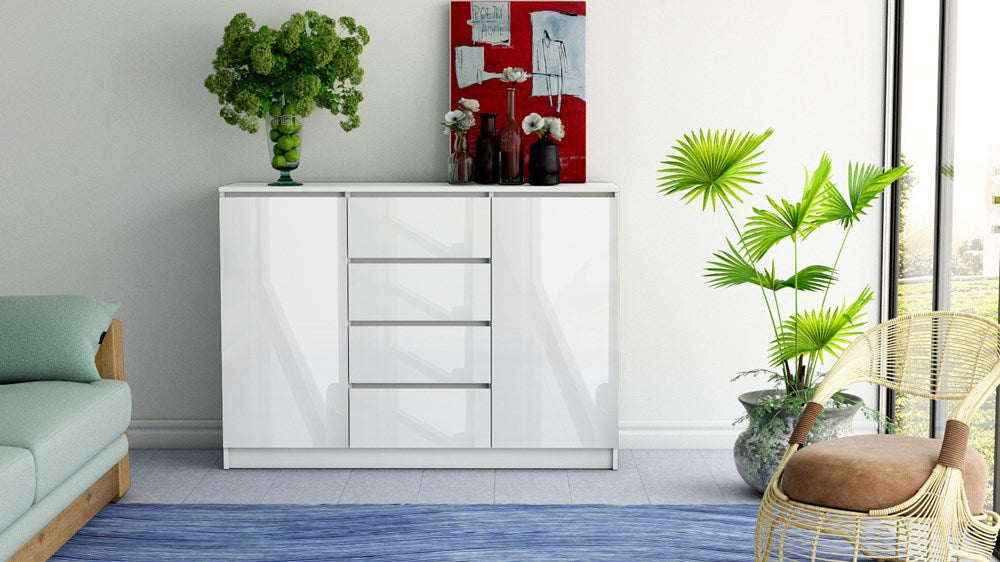 CHEST 2D4S 120cm - WHITE GLOSSThe interior of the chest of drawers consists of shelves and four drawers that will help you arrange things. It will be easier to find what you are looking for. Minimalist design The handle-free fronts of drawers and doors en