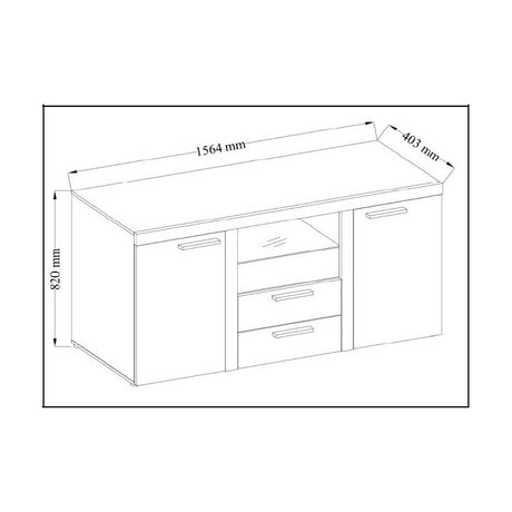 SIDEBOARD ROMA SONOMA 156CMDimensions: 1564 x 820 x 403mm (W x H x D)Number of packages: 2Front :- laminated board 15mm Lefkas Oak- melamine edging- handle: 128mm plasticBody:- laminated board 15mm Lefkas Oak- melamine edging- MDF strip 18mm / 16mmBack wa