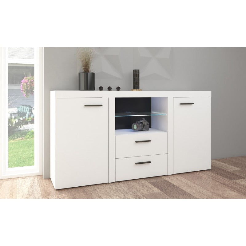 SIDEBOARD ROMA WHITE 156CMDimensions: 1564 x 820 x 403mm (W x H x D)Number of packages: 2Front :- laminated board 15mm Lefkas Oak- melamine edging- handle: 128mm plasticBody:- laminated board 15mm Lefkas Oak- melamine edging- MDF strip 18mm / 16mmBack wal