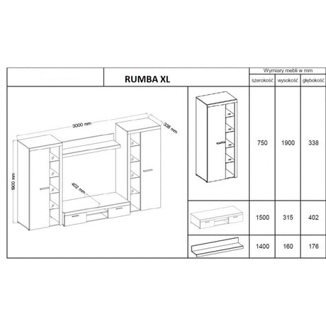 TV WALL UNIT ROMA XL LEFKASDimensions: 3000 x 1900 x 402mm (W x H x D)Number of packages: 4Front:- 15mm white laminated board- melamine rim- handle: 128mm plasticBody:- 15mm white laminated board- melamine rim- 18mm / 16mm MDF stripBack wall :- Black HDF