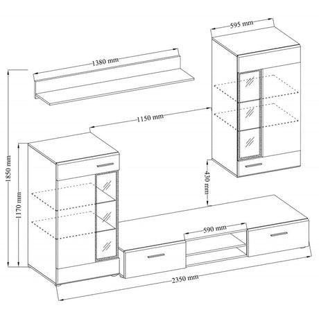 TV WALL UNIT TANGO SONOMADimensions: 2350 x 1850 x 402mm (W x H x D)Number of packages: 2Front:- 15mm laminated board White / Sonoma Oak- 1mm ABS rim- glass with a black print- handle: 128mm plasticBody:- 15mm laminated board White / Sonoma Oak- melamine
