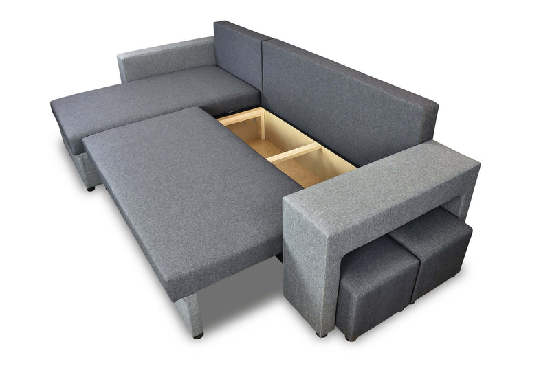 CORNER SOFA BED ARRO 255CM 2X STORAGE SPACE UNIVERSAL CORNER RIGHT/LEFT CORNER / BONELL SPRINGS + FOAMFEATURES:BONELL SPRINGS + T28 FOAM 3 X LARGE BACKREST PILLOWS 2X SMALLER CUSHIONS 2X STORAGE SPACE 2X STOOLBed-folding function DL SYSTEM (The unfolding