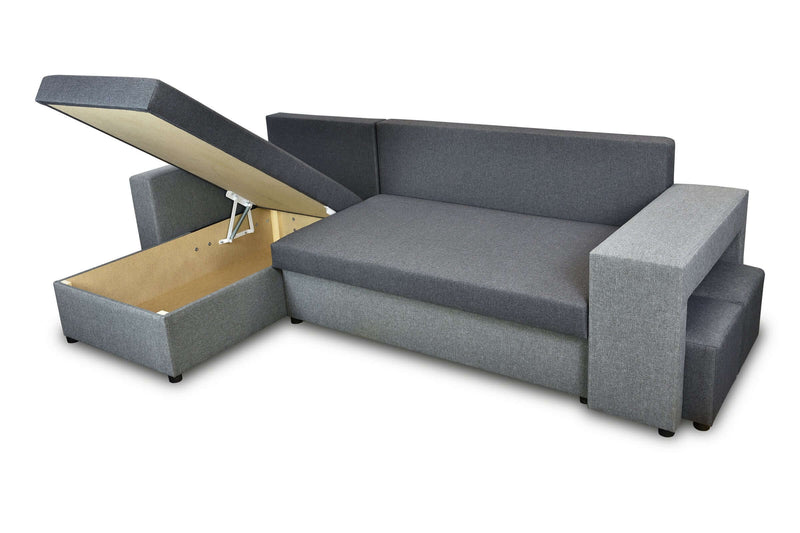 CORNER SOFA BED ARRO 255CM 2X STORAGE SPACE UNIVERSAL CORNER RIGHT/LEFT CORNER / BONELL SPRINGS + FOAMFEATURES:BONELL SPRINGS + T28 FOAM 3 X LARGE BACKREST PILLOWS 2X SMALLER CUSHIONS 2X STORAGE SPACE 2X STOOLBed-folding function DL SYSTEM (The unfolding