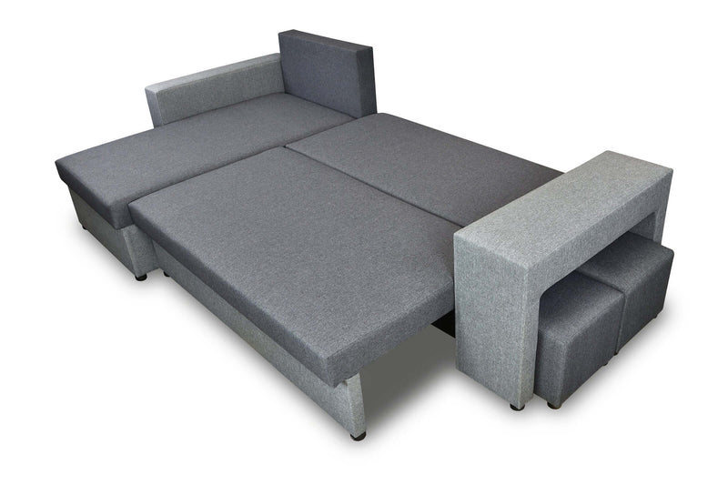 CORNER SOFA BED ARRO 255CM 2X STORAGE SPACE UNIVERSAL CORNER RIGHT/LEFT CORNER / BONELL SPRINGS + FOAMFEATURES:BONELL SPRINGS + T28 FOAM 3 X LARGE BACKREST PILLOWS 2X SMALLER CUSHIONS 2X STORAGE SPACE 2X STOOLBed-folding function DL SYSTEM (The unfolding