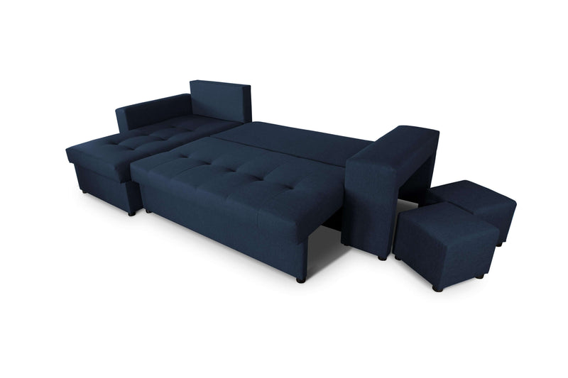 CORNER SOFA BED LEON 255CM 2X STORAGE SPACE UNIVERSAL CORNER RIGHT/LEFT CORNER / BONELL SPRINGS + FOAMFEATURES:BONELL SPRINGS + T28 FOAM 3 X LARGE BACKREST PILLOWS 2X STORAGE SPACE 2X STOOLBed-folding function DL SYSTEM (The unfolding process involves gen