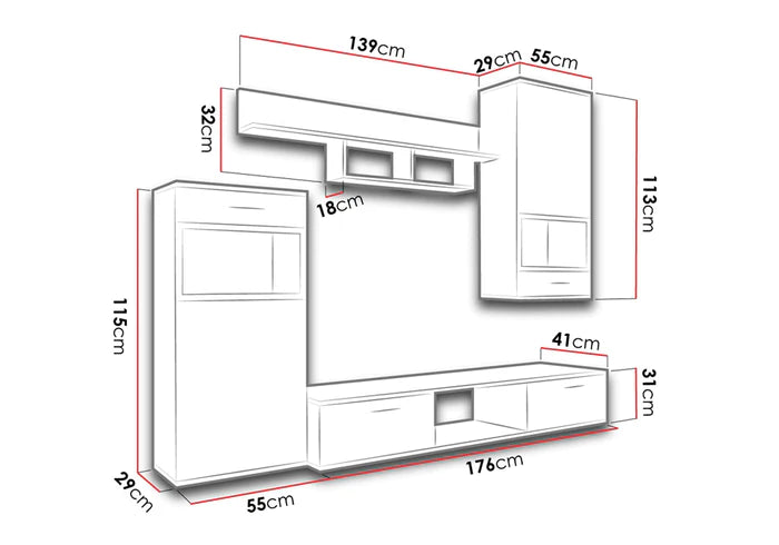 TV WALL UNIT MAXI SET WITH SIDEBOARD SONOMAOverall dimensions of the wall unit: 2300 x 2000 x 402mm (W x H x D)Number of packages: 2Front:- 15mm white laminated board- melamine rim- glass with a black print- handle: 128mm plasticBody:- 15mm white laminate