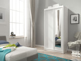 SLIDING DOOR WARDROBE ALASKA 100CM WHITEHigh-quality laminated board The board is resistant to damage, scratches and high temperatures Modern design Big space The wardrobe has two fronts, One front of the wardrobe is covered with a mirror 1 rail for hangi