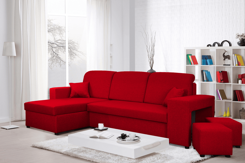 CORNER SOFA BED ARRO 255CM 2X STORAGE SPACE UNIVERSAL CORNER RIGHT/LEFT CORNER / BONELL SPRINGS + FOAMFEATURES:BONELL SPRINGS + T28 FOAM 3 X LARGE BACKREST PILLOWS 2X SMALLER CUSHIONS 2X STORAGE SPACE 2X STOOLBed-folding function DL SYSTEM (The unfolding