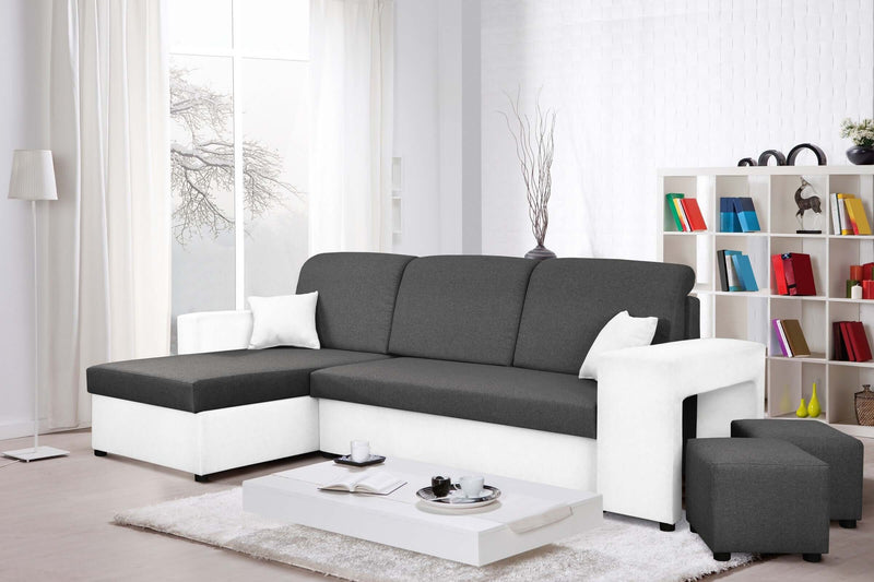 CORNER SOFA BED ARRO 255CM 2X STORAGE SPACE UNIVERSAL CORNER RIGHT/LEFT CORNER / BONELL SPRINGS + FOAMFEATURES:BONELL SPRINGS + T28 FOAM 3 X LARGE BACKREST PILLOWS 2X SMALLER CUSHIONS 2X STORAGE SPACE 2X STOOLBed-folding function DL SYSTEM (The unfolding