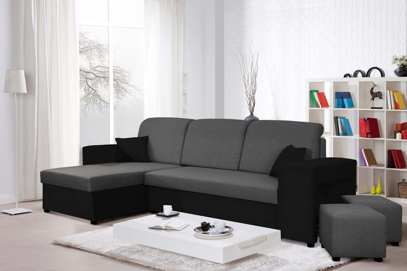 CORNER SOFA BED ARRO 255CM 2X STORAGE SPACE UNIVERSAL CORNER RIGHT/LEFT CORNER / BONELL SPRINGS + FOAMFEATURES:BONELL SPRINGS + T28 FOAM 3 X LARGE BACKREST PILLOWS 2X SMALLER CUSHIONS 2X STORAGE SPACE 2X STOOLBed-folding function DL SYSTEM (The unfolding