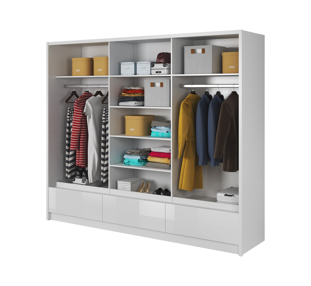 SLIDING DOOR WARDROBE ARIA I 254CM BLACK GLOSSDiscover the ultimate storage solution for modern homes with the Aria I Wardrobe. Its spacious and functional design offers complete freedom in storing your belongings. Crafted with precision and attention to