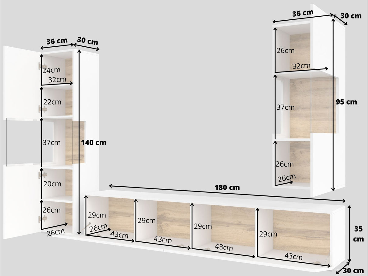 TV WALL UNIT AVA Wotan oak/whiteThe set consists of the following elements(width/height/depth in cm)AVA 05 display cabinet (36/140/30)AVA 07 display cabinet (36/95/30)TV chest of drawers AVA 40 (180/35/30)Specific information ColorationWotan Oak / White A