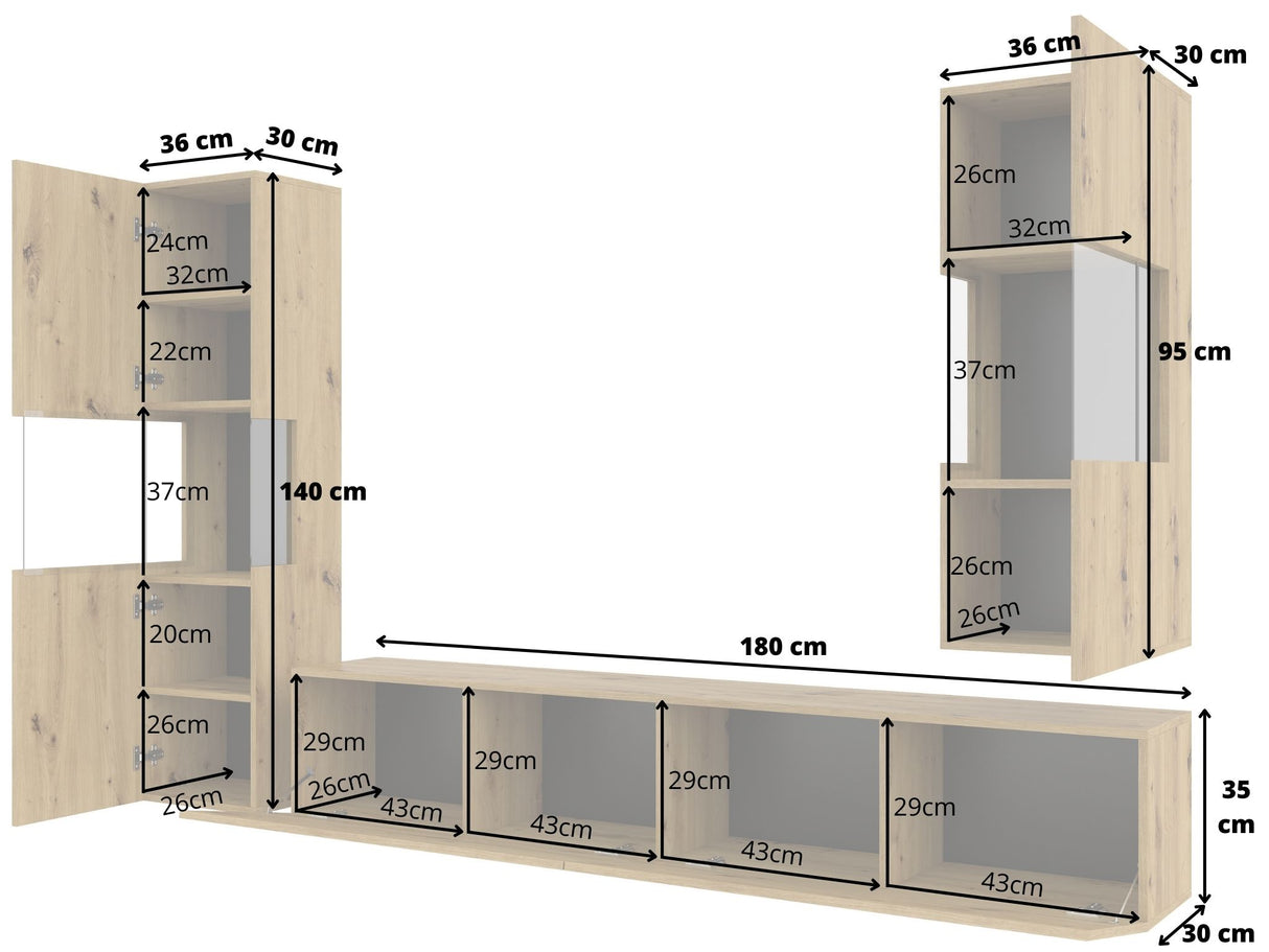 TV WALL UNIT AVA artisak oak black/arisan oakThe set consists of the following elements(width/height/depth in cm)AVA 05 display cabinet (36/140/30)AVA 07 display cabinet (36/95/30)TV chest of drawers AVA 40 (180/35/30)Specific information ColorationArtisa