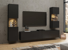 TV WALL UNIT AVA Wotan oak/blackThe set consists of the following elements(width/height/depth in cm)AVA 05 display cabinet (36/140/30)AVA 07 display cabinet (36/95/30)TV chest of drawers AVA 40 (180/35/30)Specific information ColorationWotan Oak / Black (