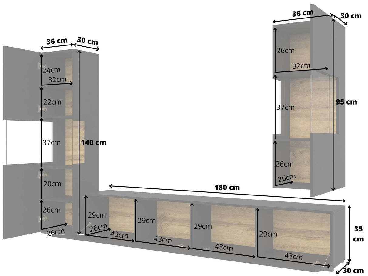 TV WALL UNIT AVA Wotan oak/blackThe set consists of the following elements(width/height/depth in cm)AVA 05 display cabinet (36/140/30)AVA 07 display cabinet (36/95/30)TV chest of drawers AVA 40 (180/35/30)Specific information ColorationWotan Oak / Black (